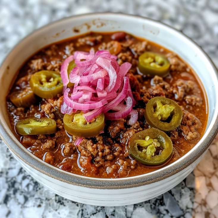 chili with pickled onions and jalapenos